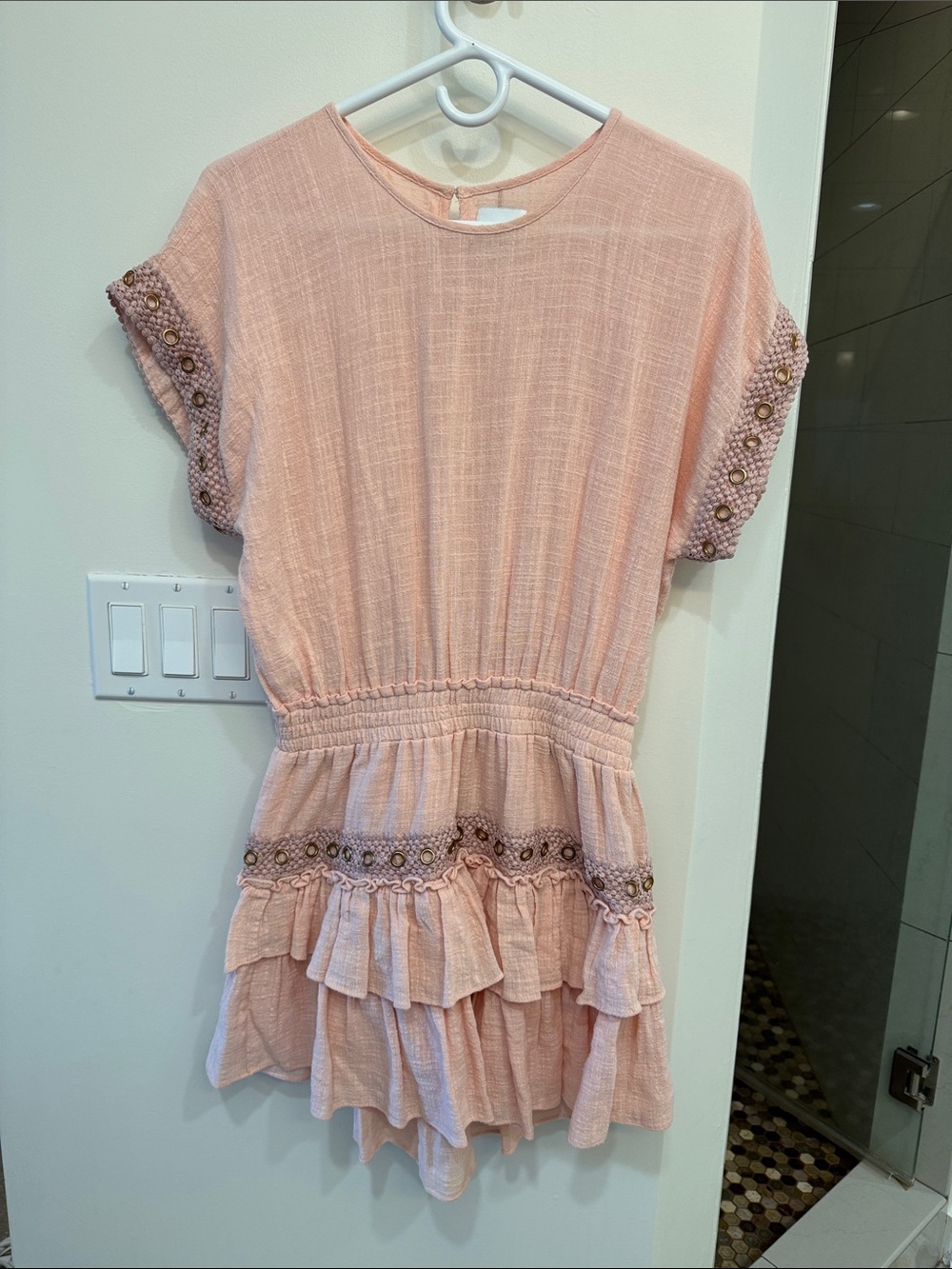 Misa Los Angeles Blush Pink Ruffle Short Sleeve Tunic Dress